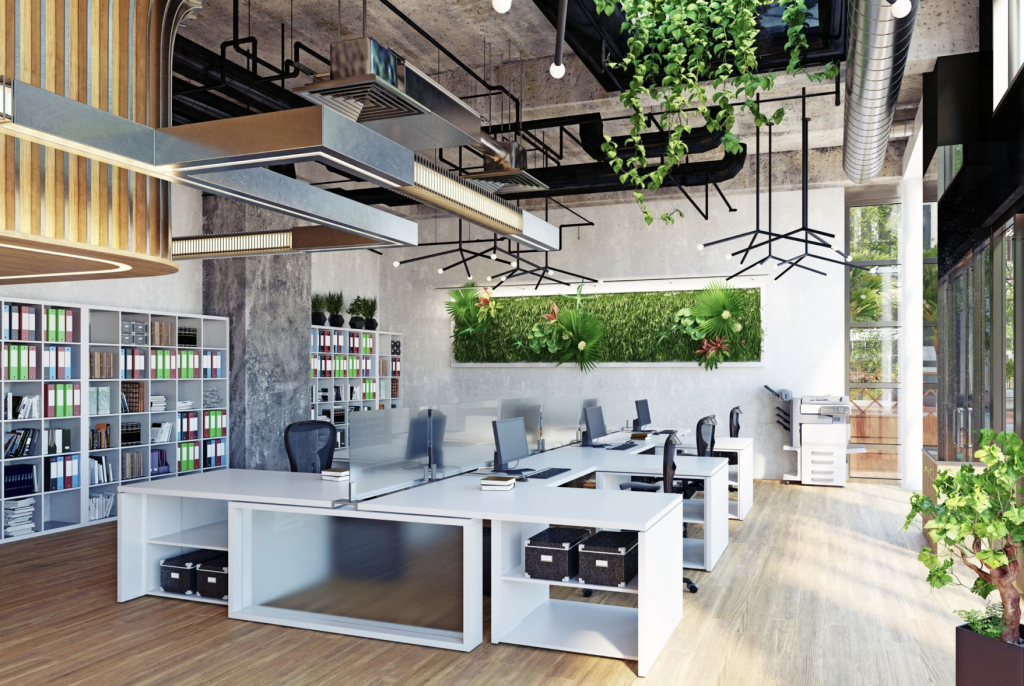 Open furniture office design with hanging plants, exposed ceiling, and linear workstations. Open furniture office design with hanging plants, exposed ceiling, and linear workstations.