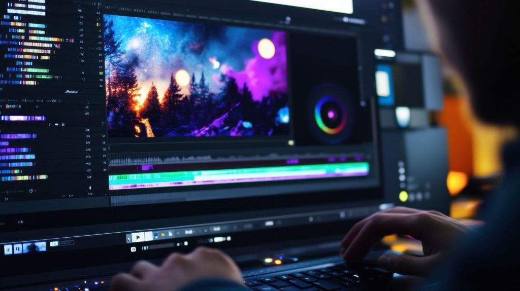 A motion graphic designer edits a video on a computer using software tools.