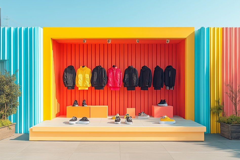 Vibrant pop-up shop displaying colorful outerwear and footwear in a sunny urban setting. Vibrant pop-up shop displaying colorful outerwear and footwear in a sunny urban setting.