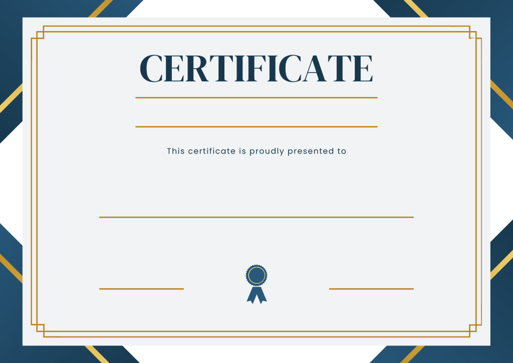 Template of a certificate in blue and gold.
