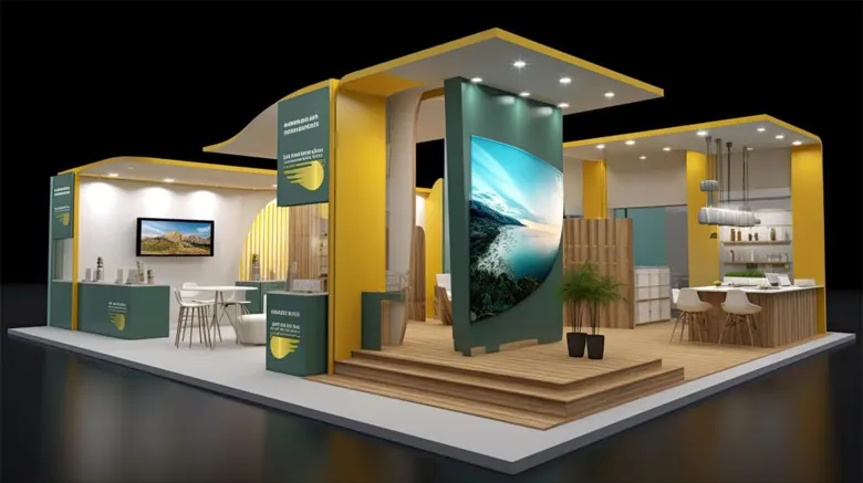 A modern exhibition booth with green and yellow branding, digital screens, and seating. A modern exhibition booth with green and yellow branding, digital screens, and seating.