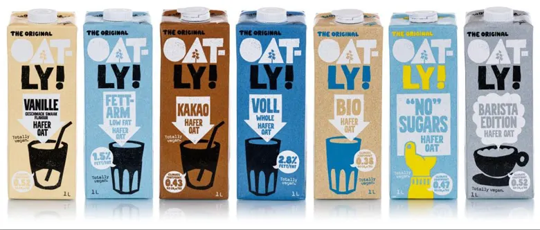 Oatly packaging showcasing good graphic design with bold typography, color coding, and illustrations. Oatly packaging showcasing good graphic design with bold typography, color coding, and illustrations.