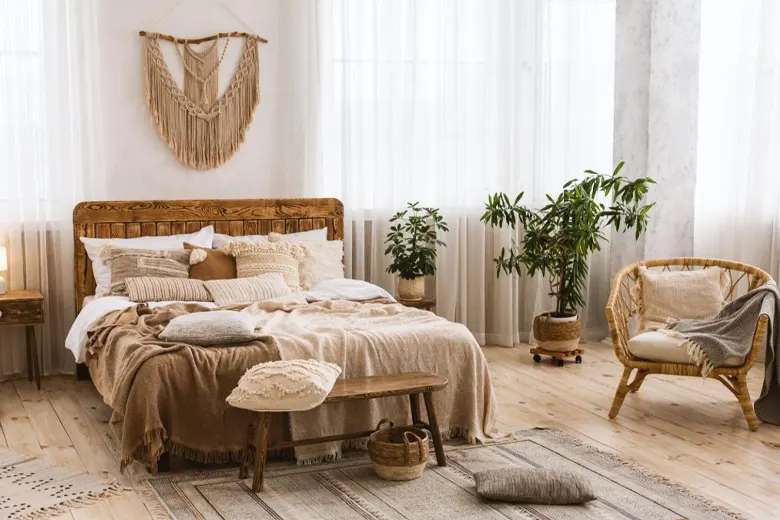A bedroom designed in rustic interior design style with bohemian elements
A bedroom designed in rustic interior design style with bohemian elements