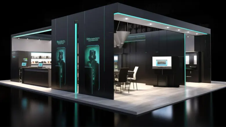 Picture of a futuristic exhibition booth with black walls, neon green lighting, and digital displays. Picture of a futuristic exhibition booth with black walls, neon green lighting, and digital displays.