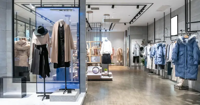 Picture of a fashion shop interior design showcasing winter clothing.