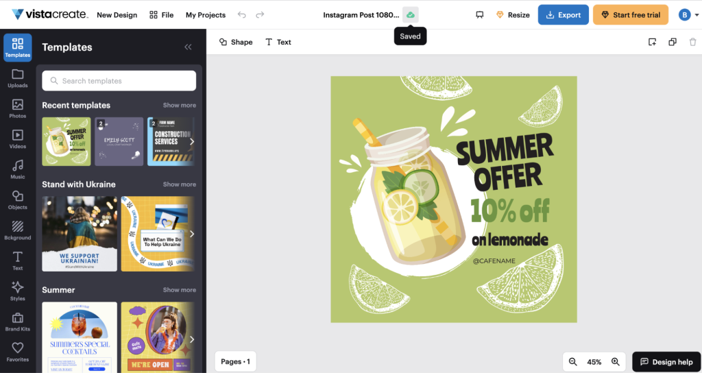VistaCreate graphic design app interface with a 
