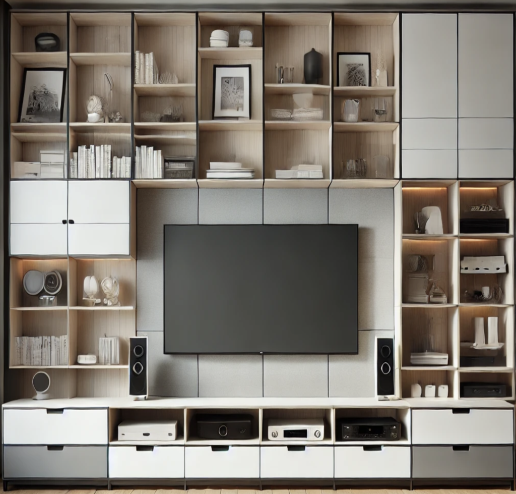 A large entertainment center with open shelving and a TV. A large entertainment center with open shelving and a TV.
