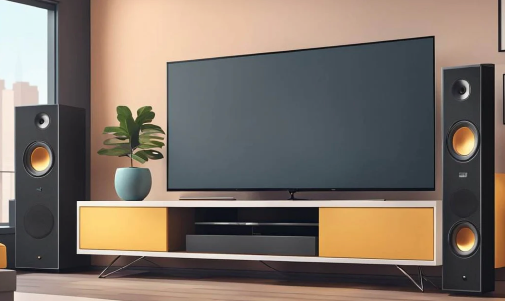 TV and speakers on a modern stand.
TV and speakers on a modern stand.