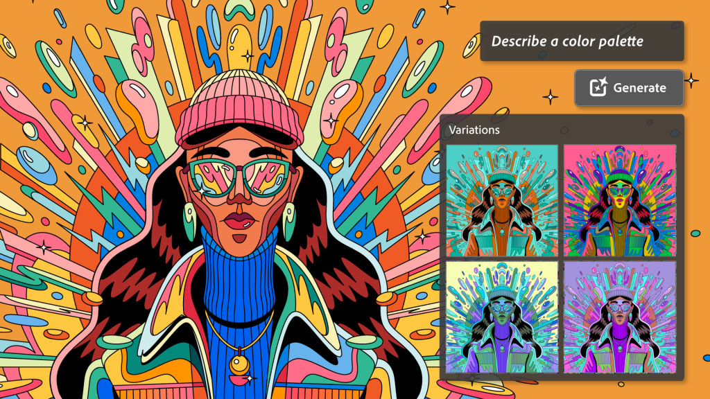 Adobe Illustrator graphic design app interface showing a colorful illustration

