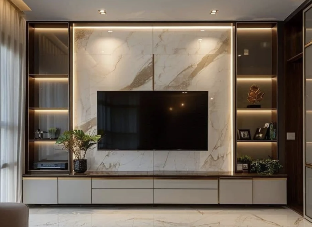 A built-in TV unit with marble paneling.
A built-in TV unit with marble paneling.