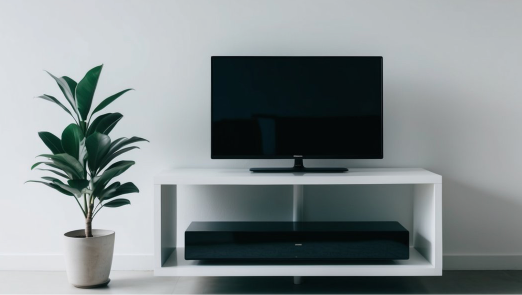 A minimalist living room with a white TV stand, TV, and a potted plant.
A minimalist living room with a white TV stand, TV, and a potted plant.