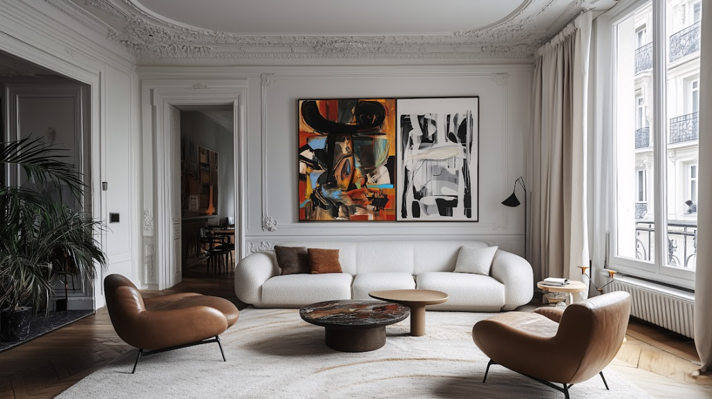 A stylish apartment featuring an eclectic mix of vintage and modern furniture, with contemporary artwork on the walls.

