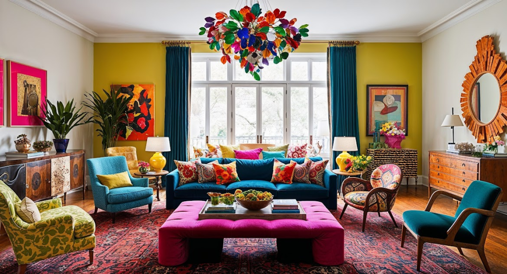 Image featuring a vibrant eclectic living room with patterned sofas, colorful art deco, and unique decor items.
