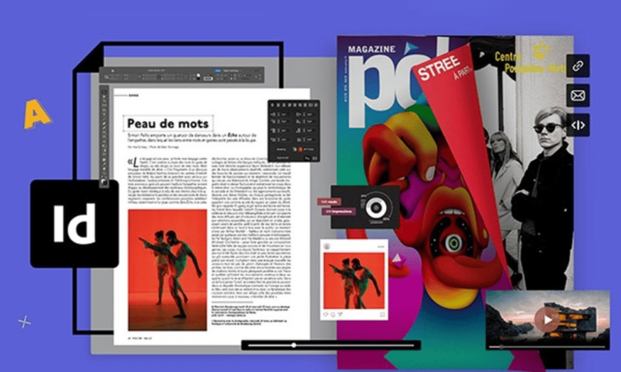 Adobe InDesign graphic design app interface with magazine layout.