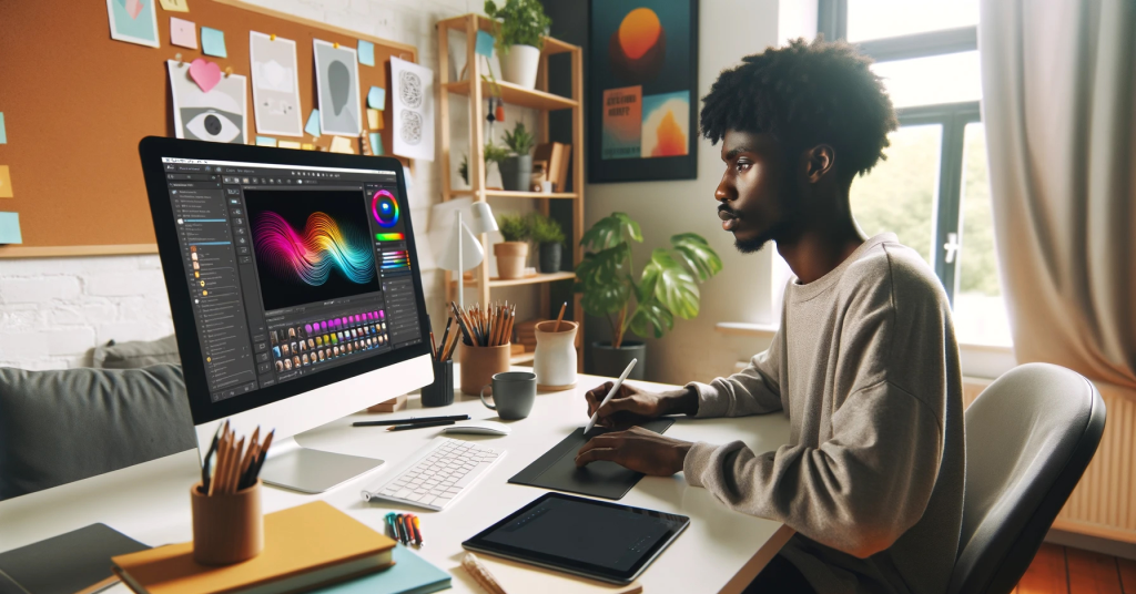 Picture of a designer working on a graphic design project.
