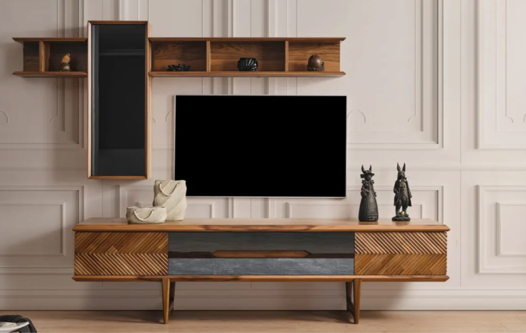 Picture of a wooden TV console with shelves and a wall-mounted TV. Picture of a wooden TV console with shelves and a wall-mounted TV.