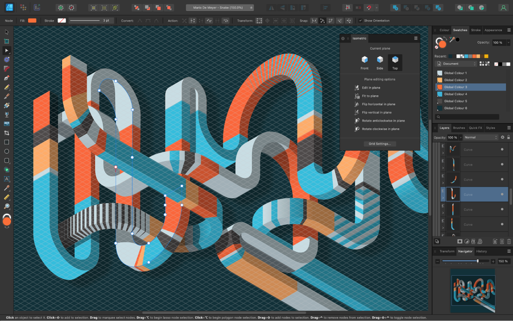 Affinity Designer graphic design app interface showing a 3D typographic design with editing tools.