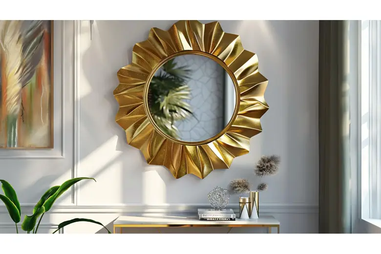 Console table design with round, ornate mirror