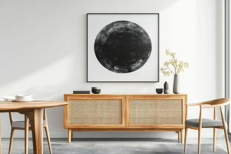 A console tale with jute accents and storage