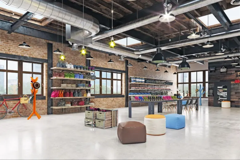 Picture of a shop interior design with exposed brick walls, visible ductwork, and colorful product displays.
