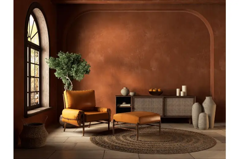 Eco-friendly reading area with natural textures and a plant. Eco-friendly reading area with natural textures and a plant.