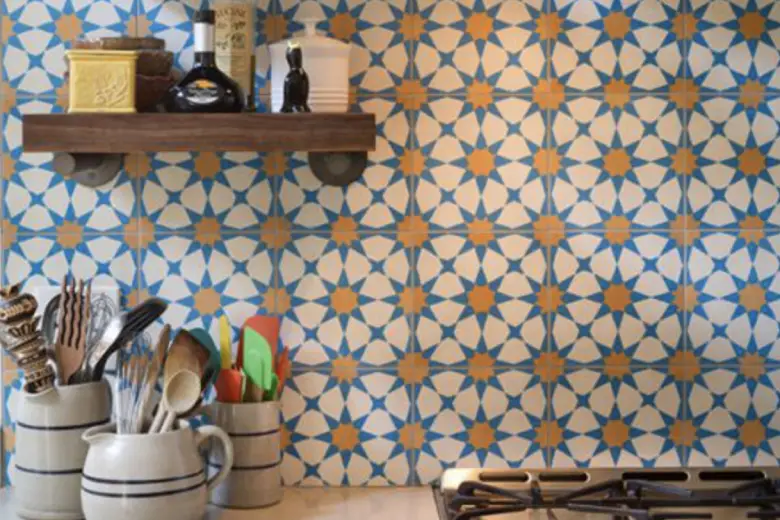Picture of a Kitchen with geometric pattern tile backsplash.