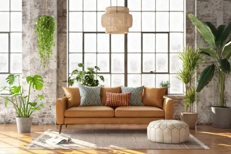 Eco-friendly living room with plants and natural textures.
Eco-friendly living room with plants and natural textures.