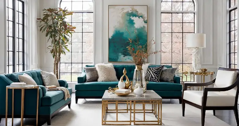 Art deco style living room with teal and gold theme.