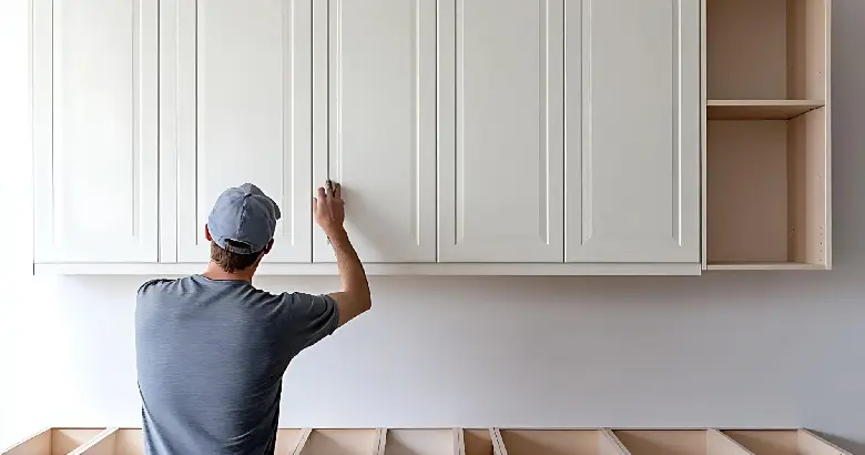 Interior designer working on a kitchen cabinet design project.