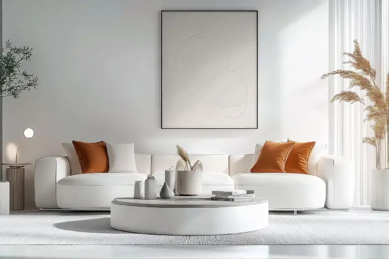 Commercial interior design space with sofa and pillows.