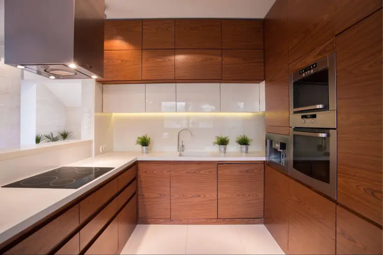 Kitchen with wooden cabinets.

