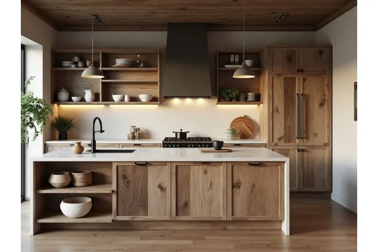 Simple wooden kitchen cabinet design.
