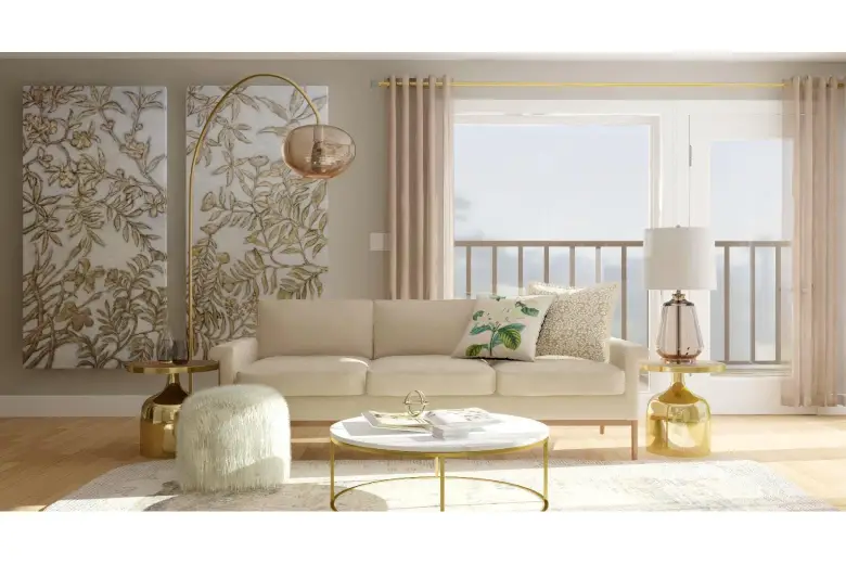 Art Deco living room with gold accents.
Art Deco living room with gold accents.