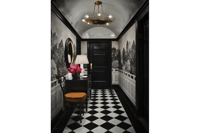 Art deco style hallway with black and white floor. Art deco style hallway with black and white floor.