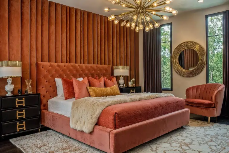 Art deco style bedroom with velvet and geometric accents.
Art deco style bedroom with velvet and geometric accents.