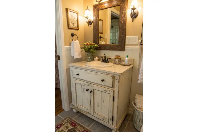 An example of repurposed cabinets in a bathroom An example of repurposed cabinets in a bathroom