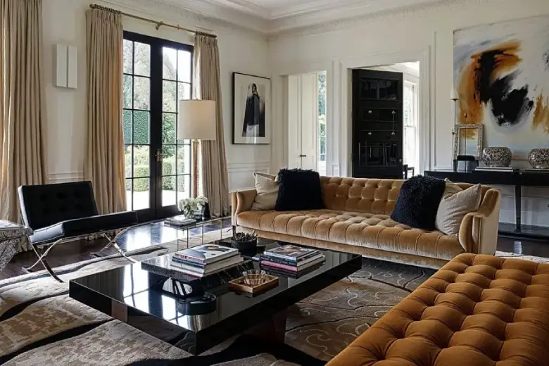 Living room with art deco velvet and geometric patterns
Living room with art deco velvet and geometric patterns