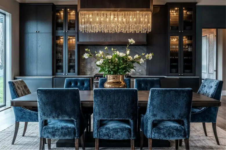 Art deco style dining room with blue velvet chairs. Art deco style dining room with blue velvet chairs.