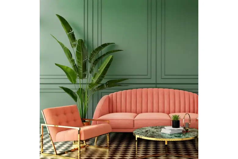 Art deco style living room with coral and golden furniture. Art deco style living room with coral and golden furniture.