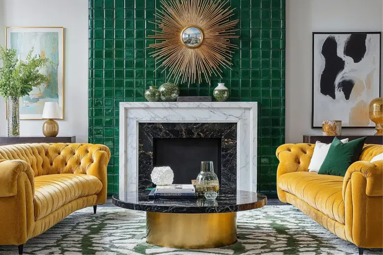 Art deco style living room with yellow sofas
Art deco style living room with yellow sofas
