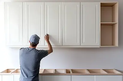 Interior designer working on a kitchen cabinet design project.