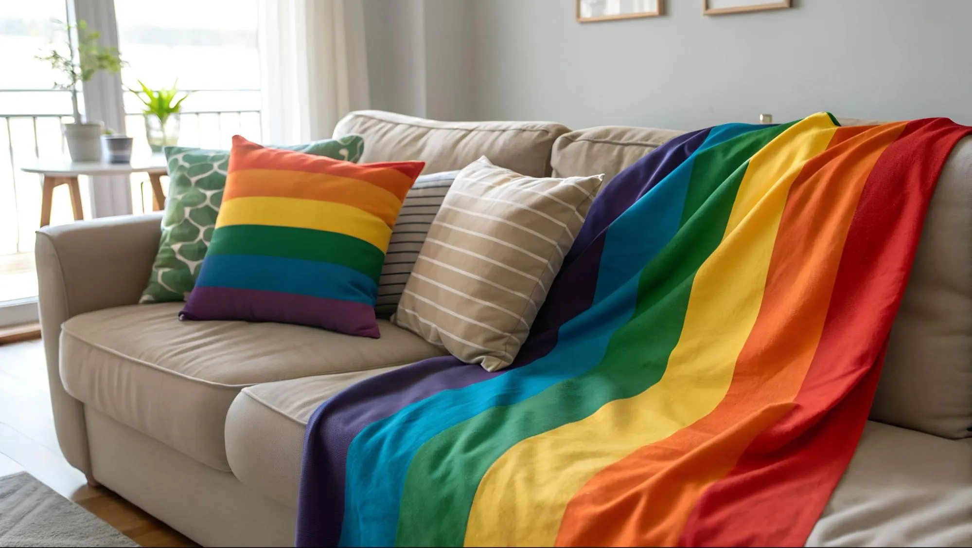 Pride-themed pillows and blankets in a living room Pride-themed pillows and blankets in a living room