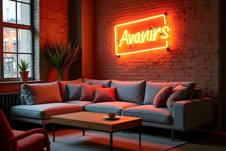 A Custom orange neon sign is displayed in a modern home interior, adding a stylish touch to the decor. A Custom orange neon sign is displayed in a modern home interior, adding a stylish touch to the decor.