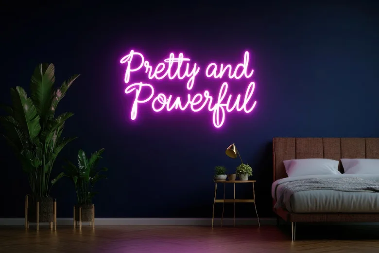 Image showcasing custom purple neon signs in a modern home bedroom.
Image showcasing custom purple neon signs in a modern home bedroom.