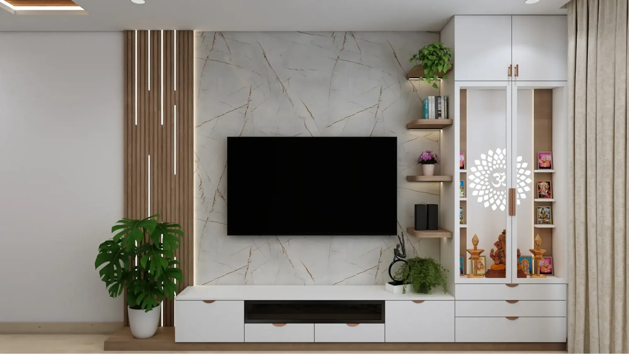 A wall-mounted TV within a cabinet with storage
A wall-mounted TV within a cabinet with storage