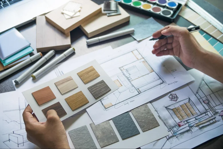 An interior designer working with different materials