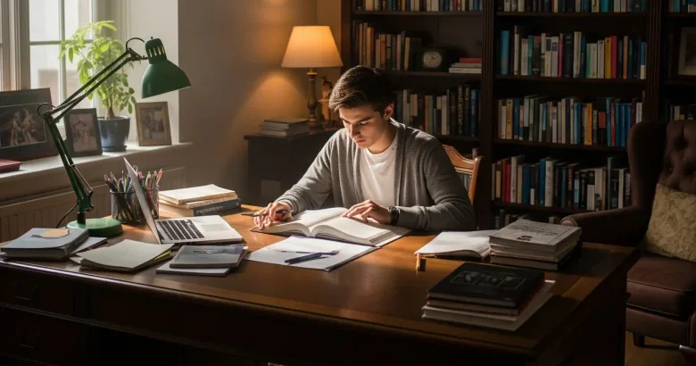 A student studying in his study room.