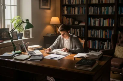 A student studying in his study room.