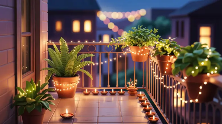 Navratri home decor with diyas and fairy lights