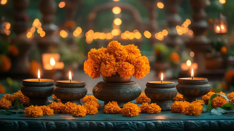 Navratri flower decoration with Diyas